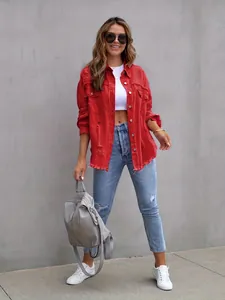 Stylish casual red distressed denim jacket for women with frayed edges and loose fit
