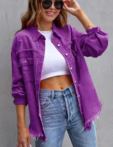 Trendy oversized purple denim jacket for women featuring distressed details and raw hem.