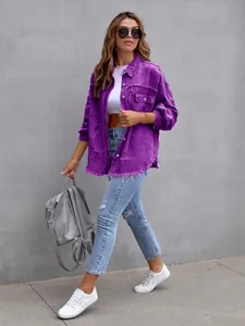 Purple oversized distressed denim jacket for women with long sleeves and raw hem.