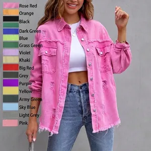Women's Distressed Denim Jacket Oversized Frayed Hem Long Sleeve Solid Color Button Down Jean Coat for Women