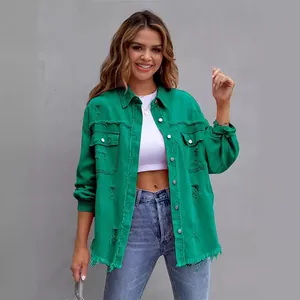 Green oversized distressed denim jacket for women with frayed edges and long sleeves