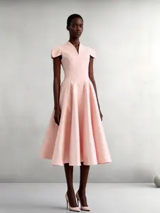 Elegant blush pink V-neck acetate petal sleeve midi dress with pleated A-line skirt