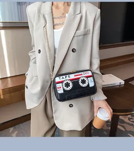 Trendy creative cassette tape shaped crossbody bag with gold chain strap for women
