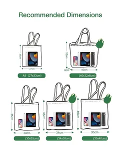 Tabla de comparación de tamaños para varios bolsos de lona blanca con dimensiones exactas.