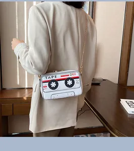 Detailed back view of a stylish model wearing a creative cassette tape shaped crossbody bag