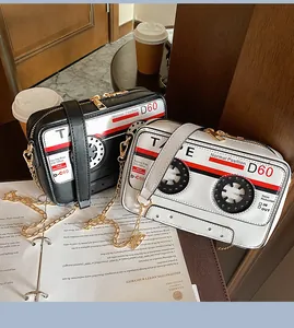 Creative retro cassette tape design PU leather crossbody bags in black and white
