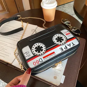Creative cassette tape shaped crossbody bag in black PU leather with gold chain