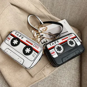 Retro Cassette Tape Shape Crossbody Bag Quirky PU Leather Shoulder Bag for Women Fashion Gold Chain Strap Novelty Small Square Bag