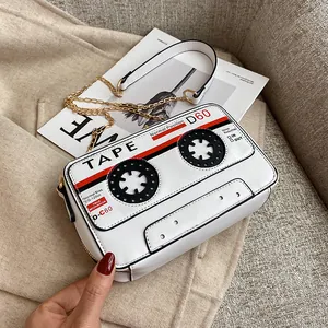 Creative retro cassette tape design crossbody bag in white PU leather with gold chain strap
