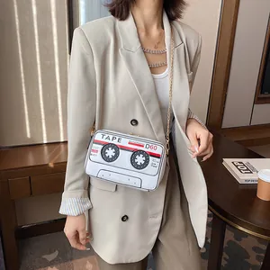 Creative retro cassette tape shaped crossbody bag with elegant gold chain strap