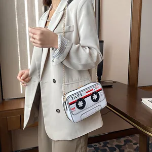 Creative cassette tape shaped crossbody bag in white PU leather with gold chain