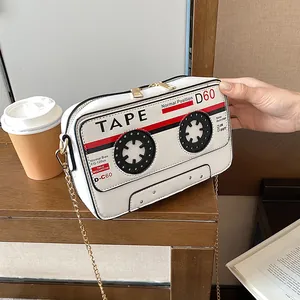 Fashionable retro cassette tape shaped PU leather crossbody bag with elegant gold chain