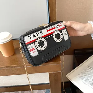 Retro cassette tape shaped PU leather crossbody bag with gold chain strap