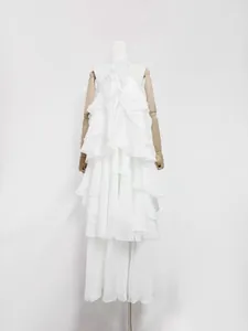 Elegant white tiered ruffle maxi dress with 3D floral details and irregular hem