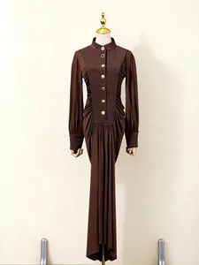 Elegant dark brown long-sleeved ruched maxi dress with button details for women.
