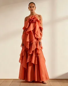 French Elegant 3D Floral Ruffle Irregular Maxi Dress Women Sleeveless Halter Pleated Tiered Chiffon Party Beach Dress