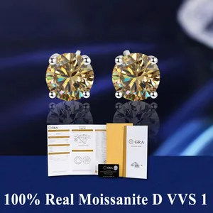 Macro detail of round cut champagne moissanite stud earrings with GRA certification