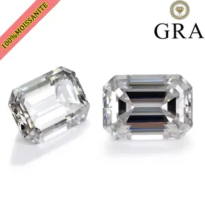Macro detail of a D color VVS1 emerald cut moissanite loose stone with GRA mark
