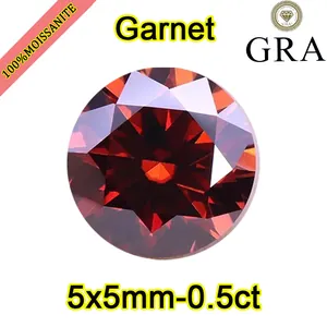 Macro detail of a 0.5ct garnet red round brilliant cut moissanite loose gemstone