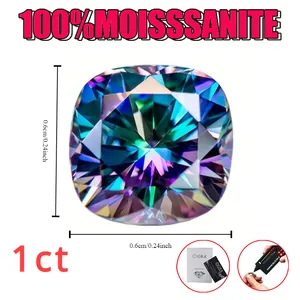 Detail van 1ct cushion cut regenboog moissanite steen met 0,6 cm maat