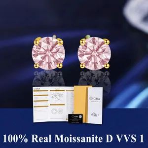 Pink round Moissanite stud earrings with GRA certification report and gold-toned setting.