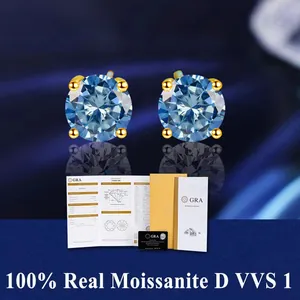 Sparkling blue moissanite stud earrings with official GRA certification documents
