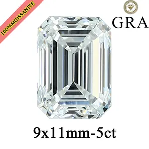 Close-up detail of a 5ct emerald-cut moissanite loose gemstone with 9x11mm size.
