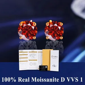 Detail view of red moissanite stud earrings with GRA certificate and gift packaging