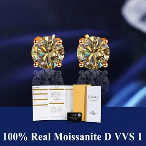 Premium gold Moissanite stud earrings with GRA certificate and luxury packaging.