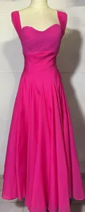 Elegant hot pink sleeveless dress with pleated bodice and a flared long skirt detail.