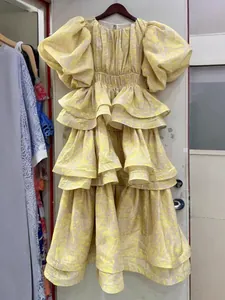 Vintage french style yellow tiered puff sleeve high waist floral cake dress for women