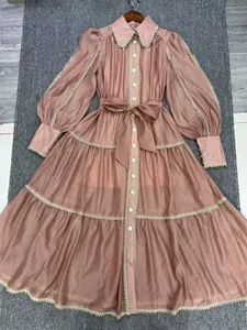 Elegant French court style maxi dress featuring lantern sleeves and delicate lace trim
