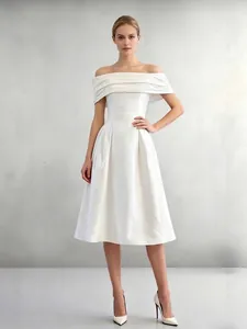 Elegante Off-Shoulder Midi-Jurk Franse Hepburn-Stijl A-Lijn Pof Gala-Jurk Voor Dames Elegante Satijnen Feestjurk