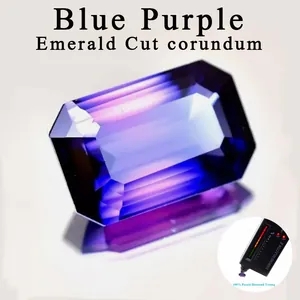Detailed close-up showing the faceted emerald cut and blue purple gradient corundum sapphire