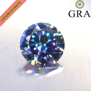 Macro view of a 5ct round-cut colorful purple moissanite gemstone with brilliant fire