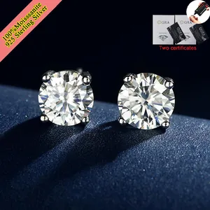 Close-up macro view of 1ct round moissanite stud earrings with 925 sterling silver setting