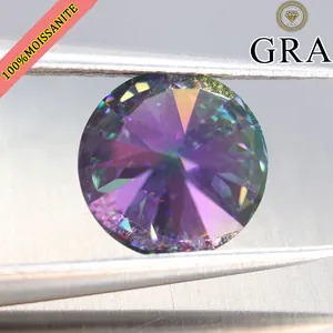 Detail view of a 5ct rainbow purple moissanite stone with round cut and GRA certification