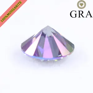 Macro detail of a 5ct round cut colorful purple moissanite stone with GRA logo