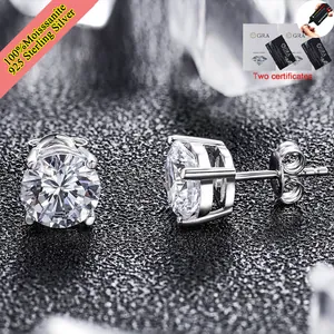 Detail of classic four-prong 1 carat moissanite earrings in 925 silver with GRA certificates