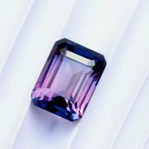 Close-up of an emerald cut blue-purple sapphire loose gemstone for jewelry setting