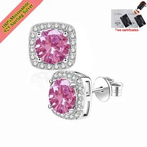 Pendientes de tuerca cuadrados de plata 925 con moissanita rosa y dos certificados GRA