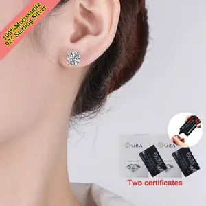 Detailed macro view of 1-carat moissanite stud earring on ear with GRA certificates