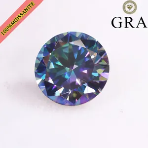 Macro detail of a 5ct iridescent purple round-cut moissanite stone with GRA logo mark