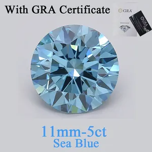 Detalle de piedra moissanita de corte redondo azul mar de 11mm 5ct con certificado