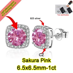 Detalle de pendientes de moissanita rosa sakura en plata 925 con certificados GRA incluidos.