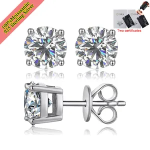 Detailed side and front view of 1ct Moissanite 4-prong stud earrings in S925 silver.
