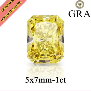 Vista detallada de moissanita amarillo limón de 1ct con corte radiant 5x7mm y logo GRA