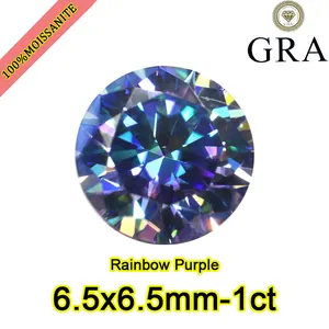 Close-up of a brilliant round-cut rainbow purple moissanite gemstone with GRA mark