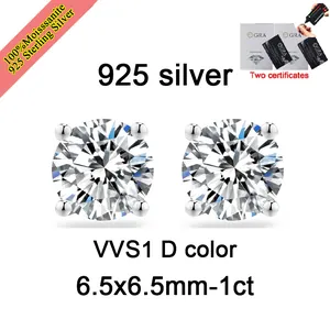 Close-up of 1ct D color VVS1 moissanite stud earrings with GRA certificates