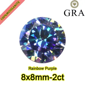 Close-up detail of a 2ct rainbow purple moissanite gemstone with 8x8mm round cut